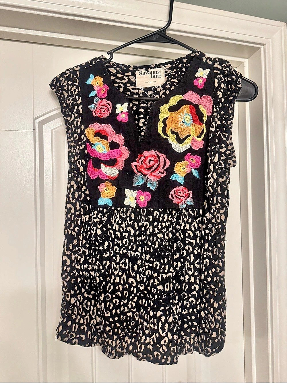 Savanna Jane Small Embroidered Floral Leopard Print Boho Blouse Top